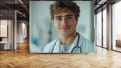 A young man in a white medical gown is smiling for the camera. He is a doctor and is posing for a photo Wall mural