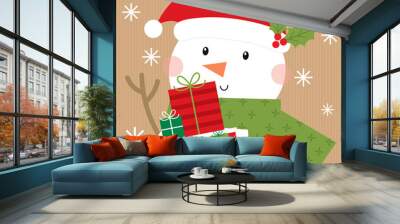 snowman brings christmas gift greeting card design Wall mural