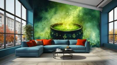 Enchanted Cauldron Bubbling with Mystical Green Liquid and Floating Symbols in Atmospheric Watercolor Backdrop Wall mural