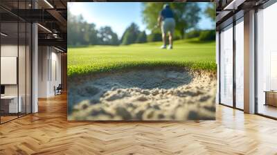 Golfer Practicing Chipping Near Bunker on Golf Course with Blurred Background Wall mural