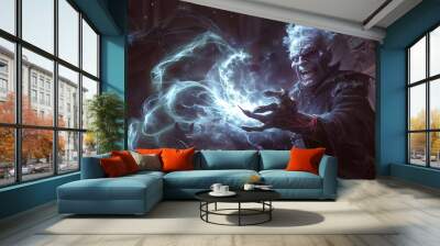 Malevolent Sorcerer Casting Sinister Spell in Dim Foreboding Chamber Wall mural