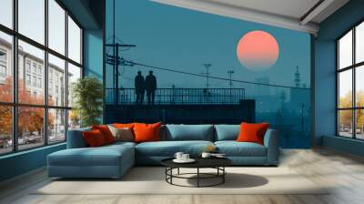 People on Rooftop Watching City Sunset Wall mural