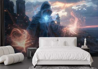 Powerful Time Mage Casting Intricate Spells Amid Ethereal Fantasy Landscape Wall mural