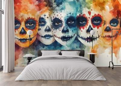 Vibrant Watercolor Depiction of Festive Halloween Face Designs Wall mural