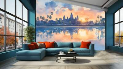 Watercolor Impressionist Painting of Angkor Wat Temple in Cambodia at Sunrise with Serene Reflections Wall mural