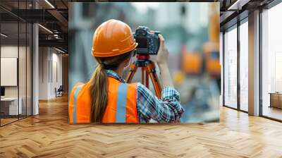 Woman in Orange Safety Jacket Working at Site with Tripod Wall mural