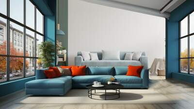 Bright and cozy modern living room interior have sofa,armchair and lamp with white wall background. Wall mural