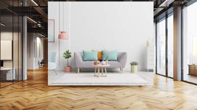 Bright and cozy modern living room interior have sofa and lamp with white wall background. Wall mural