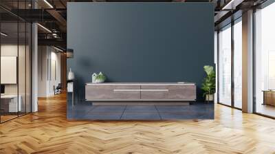 Cabinet TV in empty interior room ,dark wall wall with wood shelf,lamp ,plants and table wood. Wall mural