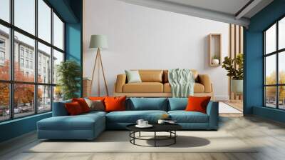 Cozy modern living room interior have leather sofa and decor accessories with white color wall- 3D rendering Wall mural