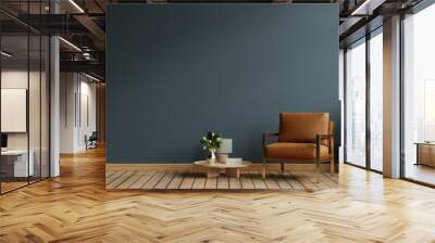 Dark blue living room interior with cozy leather armchair Wall mural