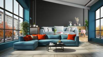 Dark living room,Blue sofa on wooden flooring and black wall. Wall mural