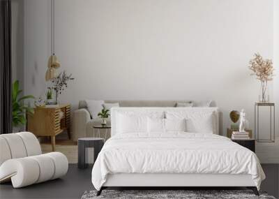 Empty living room with sofa have plants and table on empty white wall background. Wall mural