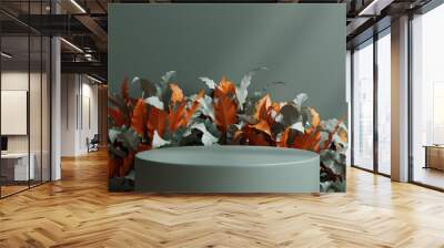 Green podium in tropical forest for product presentation and pastel background. Wall mural