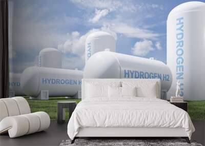 Hydrogen energy storage gas tank in meadow environment. Wall mural