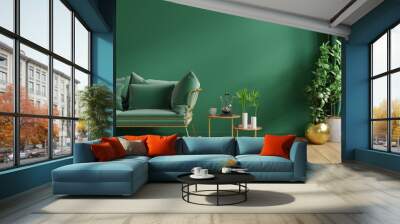 Interior mockup green wall with green sofa and decor in living room. Wall mural