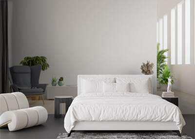 Interior of a bright living room with armchair on empty white wall background. Wall mural