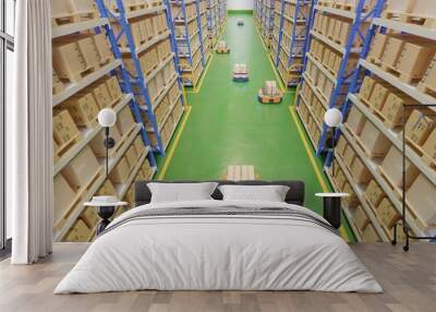 Interior of warehouse in logistic center with Automated guided vehicle Is a delivery vehicle. Wall mural