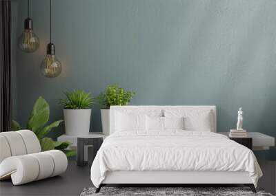 Interior wall mockup with green plant,Light blue wall and shelf. Wall mural