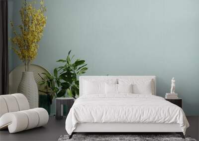 Interior wall mockup with green plant,Light blue wall and shelf. Wall mural