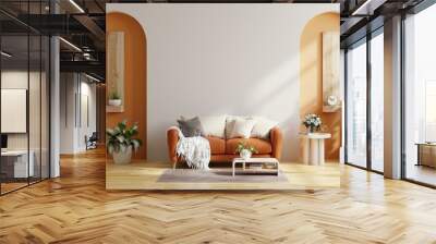 Living room have orange leather sofa and decoration minimal on two tone wall. Wall mural