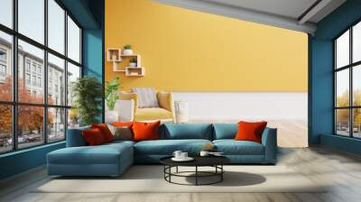 Living room interior with yellow fabric armchair,lamp,book and plants on empty yellow wall background. Wall mural