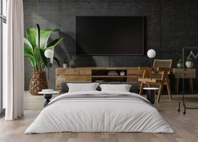 Loft space empty room with tv and cabinet on dark concrete interior background. Wall mural