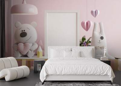 Mockup frame in the valentine's day with white shelf on pink color wall. Wall mural