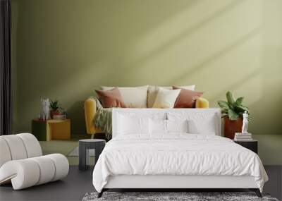 Mockup living room interior with yellow sofa on empty dark green color wall background. Wall mural