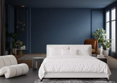 Modern interior of living room with leather armchair on wood flooring and dark blue wall Wall mural