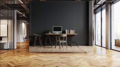 Modern interior working room with chair,plants,book,table on black wall background. Wall mural