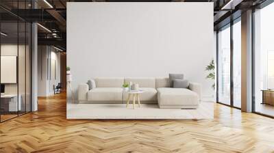 Modern living room interior with sofa and green plants,lamp,table on white wall background. Wall mural