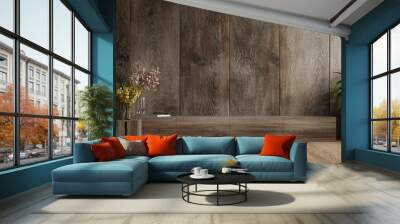 Modern living room with decoration on wooden wall background. Wall mural