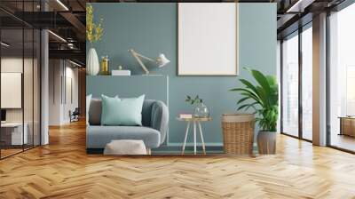 Poster mockup with vertical frames on empty dark green wall in living room interior with dark blue velvet sofa. Wall mural