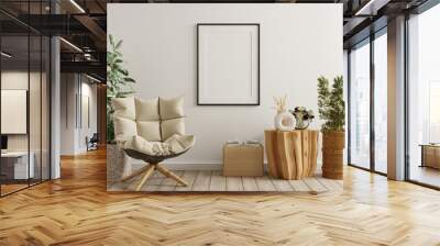 Poster mockup with vertical frames on empty white wall in living room interior with velvet armchair.3d rendering Wall mural