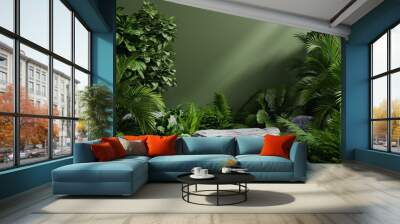 Stone platform in tropical forest for product presentation and green wall. Wall mural