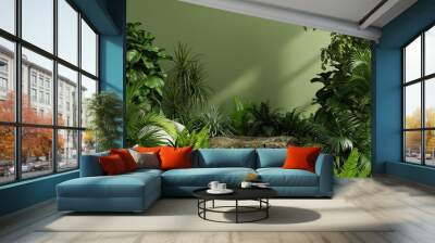 Stone platform pedestal in tropical forest for product presentation and green forest. Wall mural