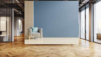 Stylish Modern wooden living room has an armchair on empty dark blue wall background. Wall mural