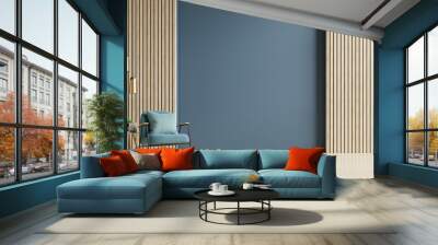 Stylish Modern wooden living room has an armchair on empty dark blue wall background. Wall mural