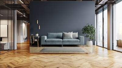 The interior has a sofa on empty dark wall background. Wall mural