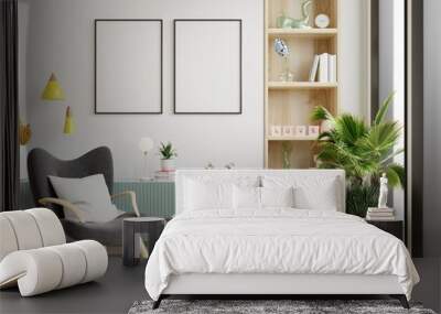 Two poster mockup with vertical frames on empty white wall in living room interior and armchair. Wall mural