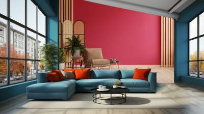 Viva magenta wall background mockup with armchair furniture and decor of the year 2023. Wall mural