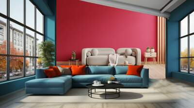 Viva magenta wall background mockup with sofa furniture and decor. Wall mural