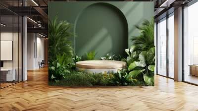 Wooden podium in tropical forest for product presentation and green background. Wall mural