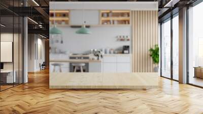 Wooden table top on blur kitchen room background,Modern kitchen room interior. Wall mural