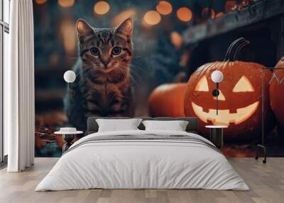 A poster for a halloween party with a cat and pumpkins Wall mural