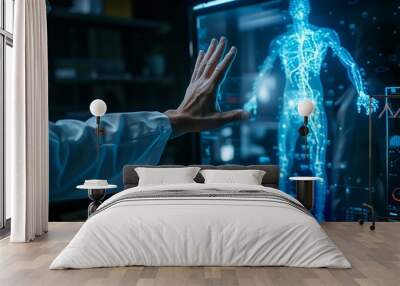 A scientist is manipulating a hologram of a human body Wall mural