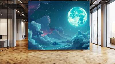 Anime style illustration of full moon and clouds Wall mural