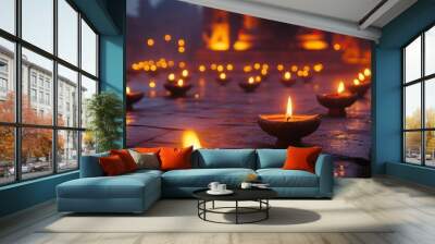 Beautiful blank diwali lamps and backgrounds lit during celebration Wall mural