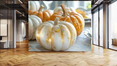 Beautiful golden and white pumpkins set on a table Wall mural